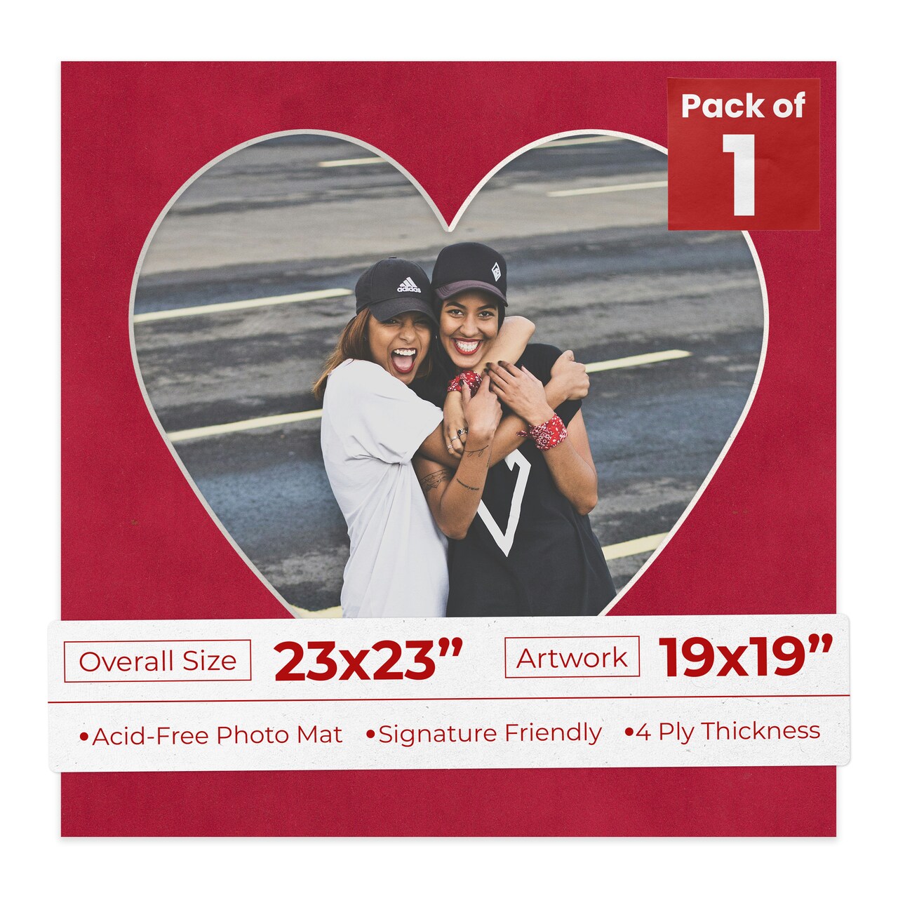 Red Suede Mat Board for 23x23 Frames - Heart Opening for 19x19 Photos